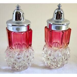 SALT & PEPPER SHAKERS-INDIANA CUT GLASS-RUBY RED FLASH POINT-SILVER TONE TOPS
